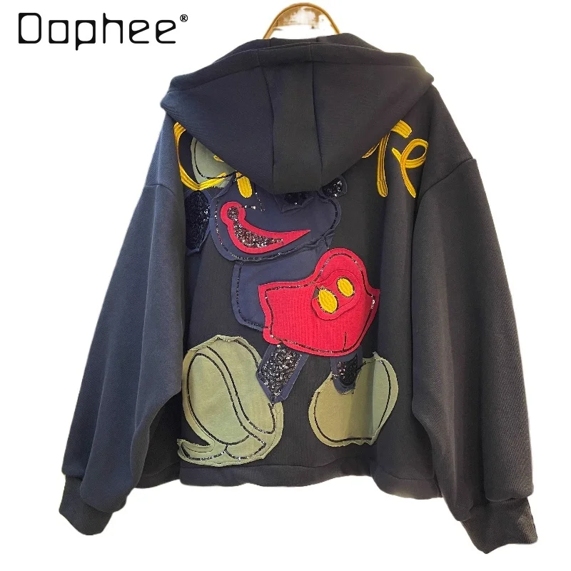 

2025 Autumn Winter Heavy Industry Cartoon Patch Embroidery Hooded Sweatshirt Jacket for Women Loose Casual Fashion Anime Hoodie
