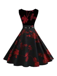 Women's Vintage Floral Print Midi Dress Elegant Swing Rockabilly Casual Summer Party Dress