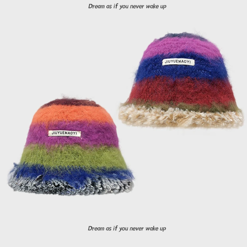 Japanese Ins Dopamine Colorful Plush Bucket Hat Women Autumn Winter Contrast Striped Wool Beanies Hat Female Warm Fisherman Hat