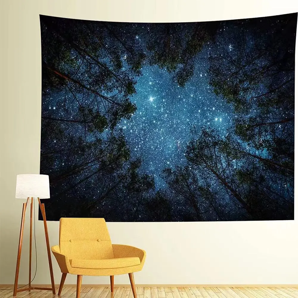 1 Piece Blue Forest Night View Starry Sky Living Room Bedroom Background Decoration Minimalist Style Home Forest Style Tapestry