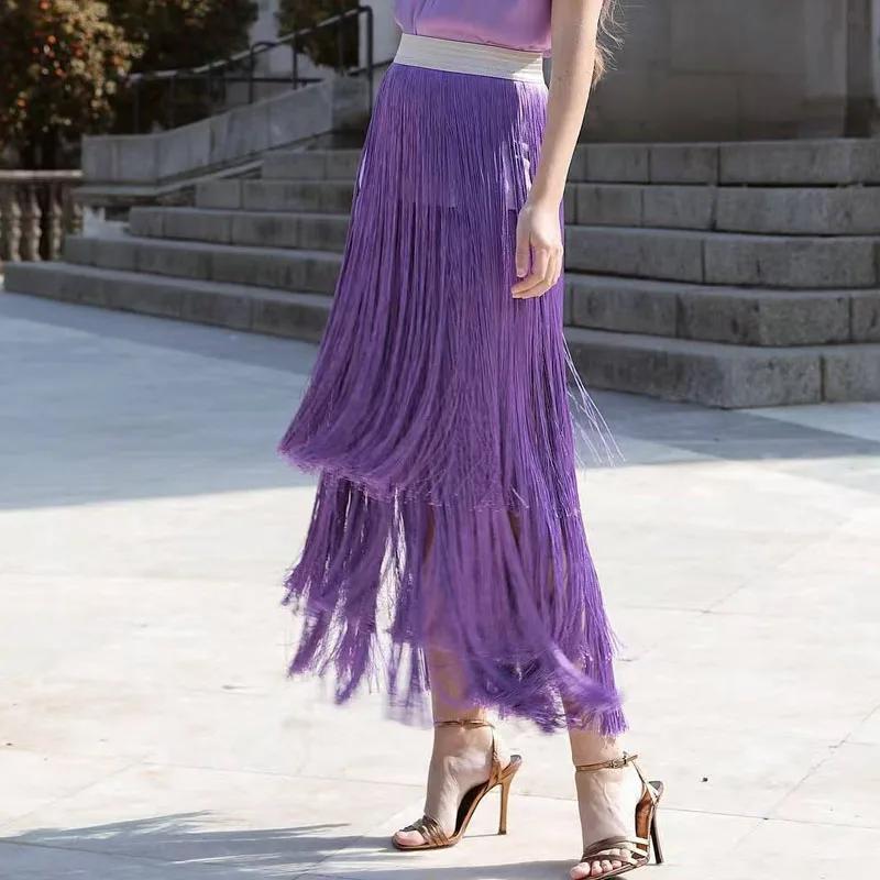 Temperament Hoge Taille Effen Kleur Kwastje Rokken Zomer Nieuwe Eenvoudige Party Lange Rokken Elegante Dames Losse Grote Zoom Banket Rokken