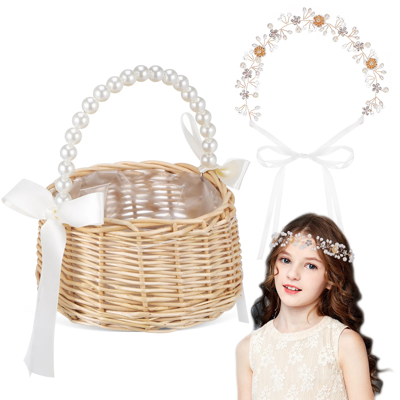 

Gift Basket Woven Rattan Wedding Flower Girl Baskets Empty Decorative Elegant Baskets For Wedding Storage Candy Handmade Laces
