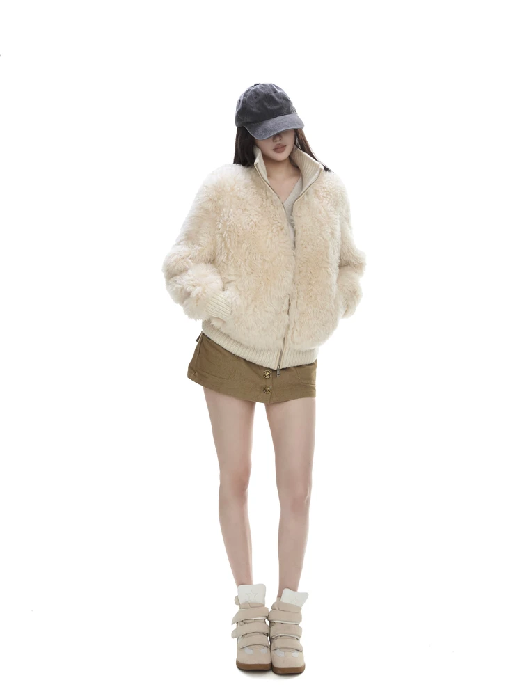 

Women's Lamb Fur Jaet Loose Warm Sli Winter Outerwear Casual Zipper Design High Collar Thiened Slimming Top