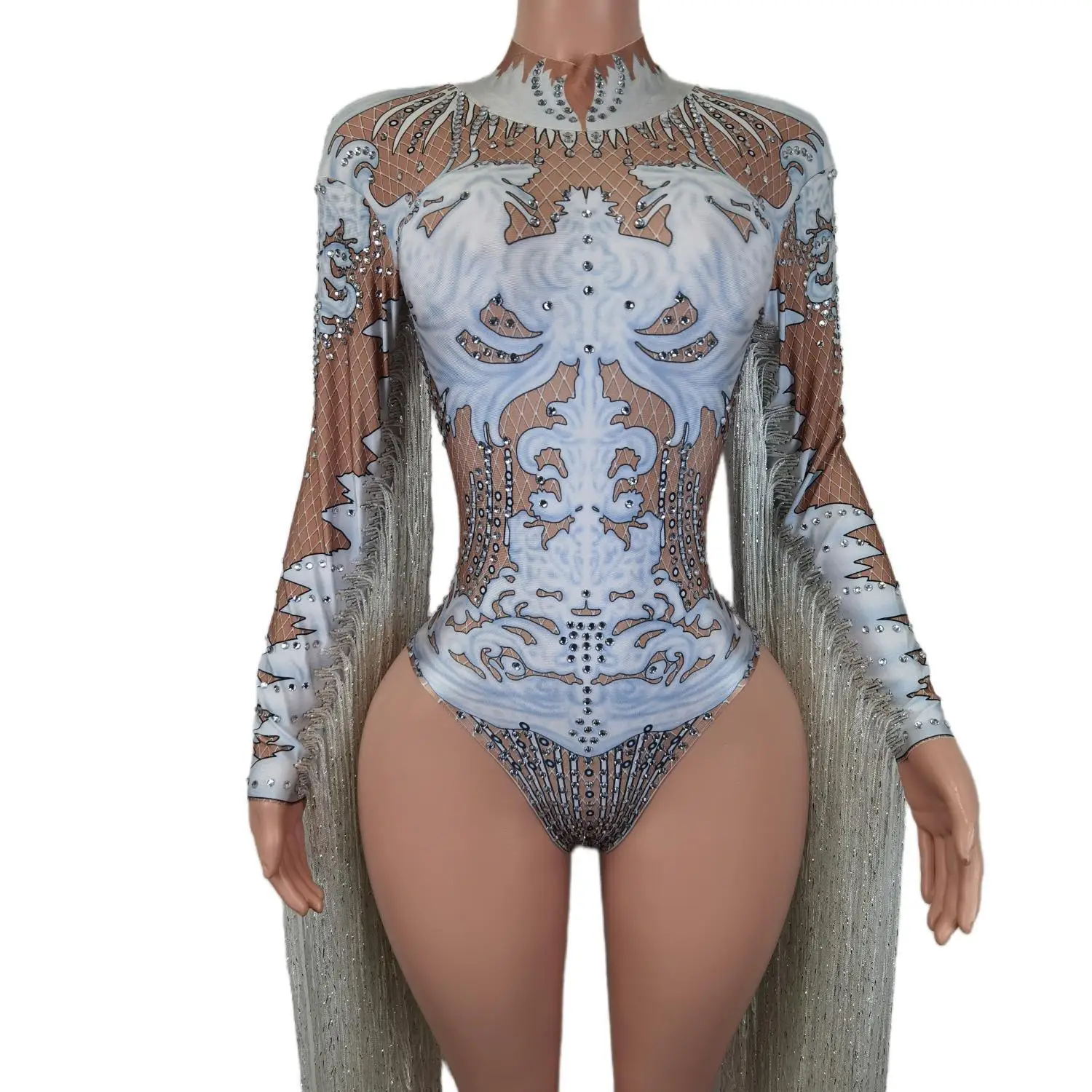 New Designer Print Rhinestone Tassel Rompers Ladies Short Jumpsuit Slim Fit Show Dance Leotard Women Stage Performance Bodysuits