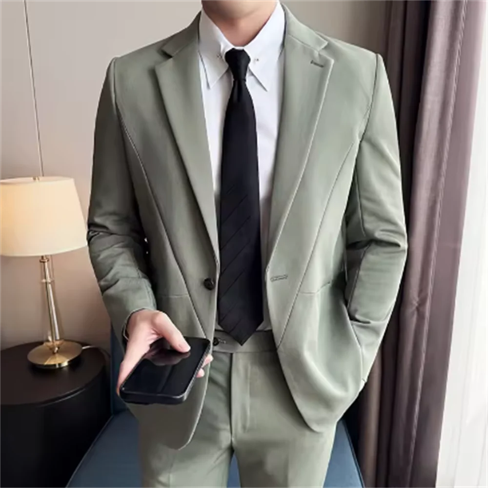 

2Pieces Blazer Jackets and Pants Men's Set High Quality Business Casual Elegant Wedding Dress Plain Color Business Mens Set