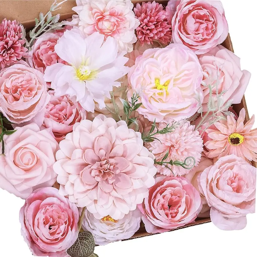 

Roses Artificial Flowers Combo Pink Flower Bouquets Box with Stems for DIY Bridal Wedding Bouquets, Baby Shower Decorations Fake