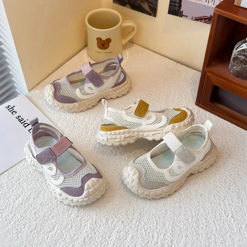 Kids Mary Jane Breathable Mesh Sandals Colorblock Velcro Closed Toe Anti-collision Soft Non-slip Sole Sport Shoes for Summer