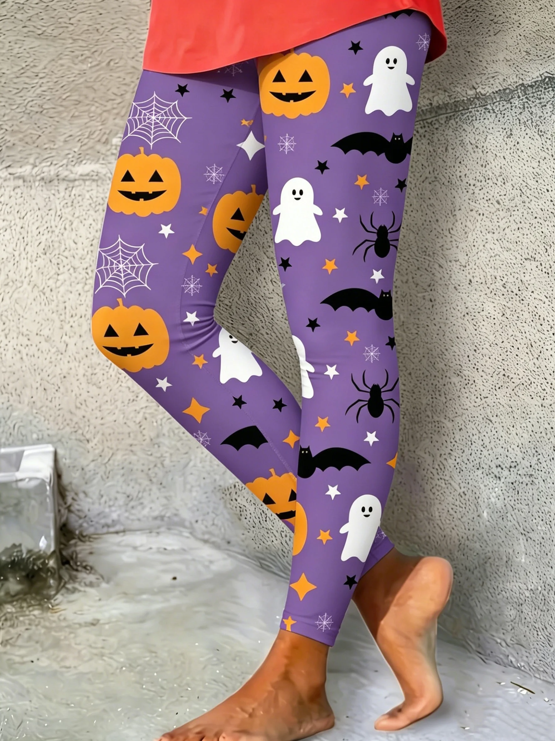 Women's Mid‑Rise Fleece Lined Leggings Halloween Pumpkin Ghost Bat Print Stretch Warm Ladies Festival Casual Pants