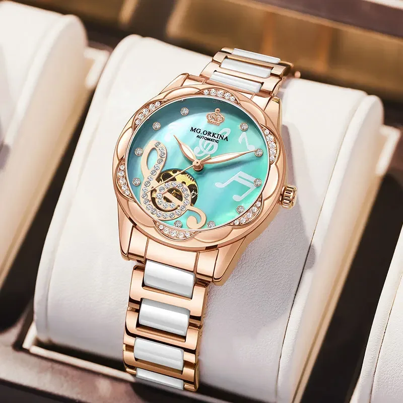 

Mechanical Watches Ladies Automatic Mechanical Watches Ceramic Steel Band Waterproof Green Watch Ladies Luminous Wristwatch