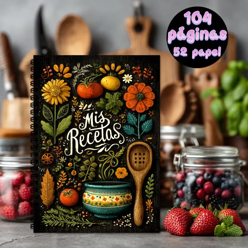 Cuaderno de recetas en español con encuadernación en espiral A5, libro de colección de recetas de cocina, puede contener hasta 100 recetas, diseño floral y vegetal