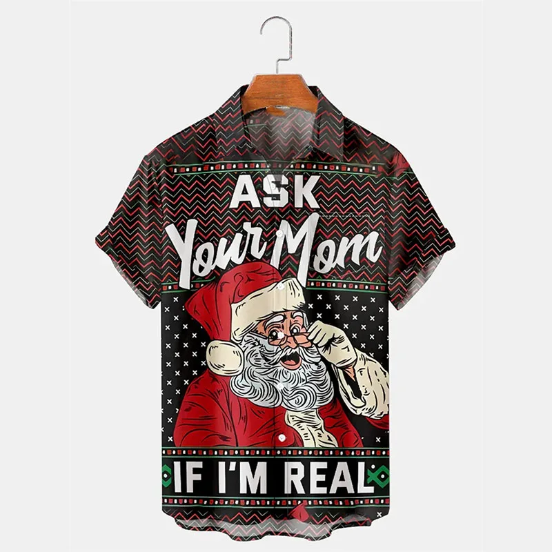 

Винтажные забавные милые гавайские рубашки с принтом Санта-Клауса для мужчин, футболка с короткими рукавами и лацканами, 2026 праздничная рубашка с Новым годом