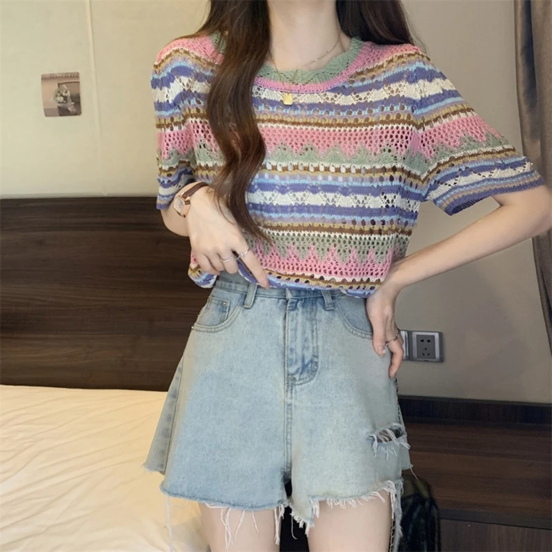 Women Short Sleeve Tops Summer Crocheted Knit Blouses T Shirt Hollow-Out Sweater