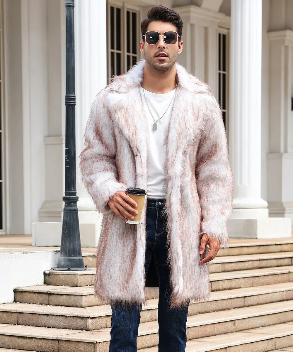 

Men Winter Fashion Solid Lapel Long Faux Fur Overcoat Casual Thicken Warm Fluffy Plush Jacket Male Winter Fleece uxury Outerwear