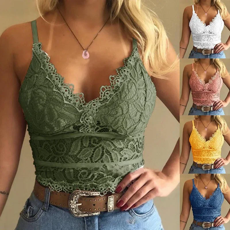 

Summer Women Lace Sexy Camisole V Neck Tank Top Underwear Vest Candy Color Bralette Female Lace Underwears 3XL