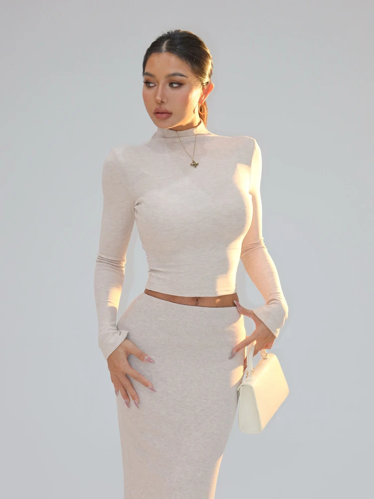 

Spicy Girl Slim Fit Top Skirt Long Dress Two Piece Set High Collar Long Sleeve Autumn Fashion European Style Pure Color