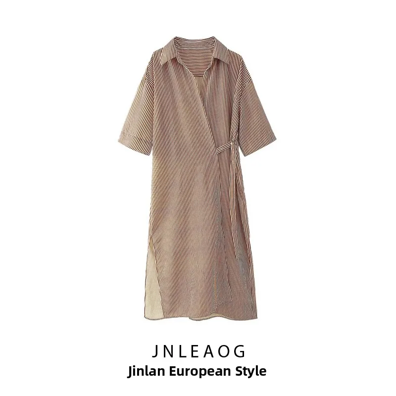 JNLEAOG Spring New Women's Faion Design Stripe Silk irt Dr Loose Waist Polyester Fiber Straight Tube Summer Dr