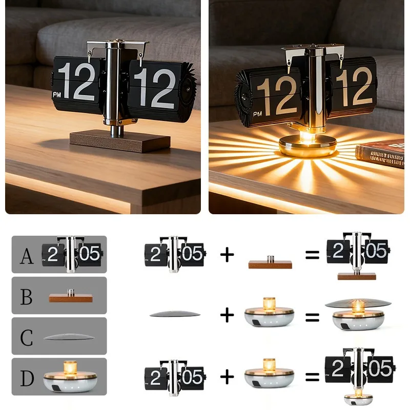 Vintage Flip Page Clock with Light Base Retro Digital Auto Flip Desk Clock Mechanical Table Watch Home Office Desktop Decor Gift