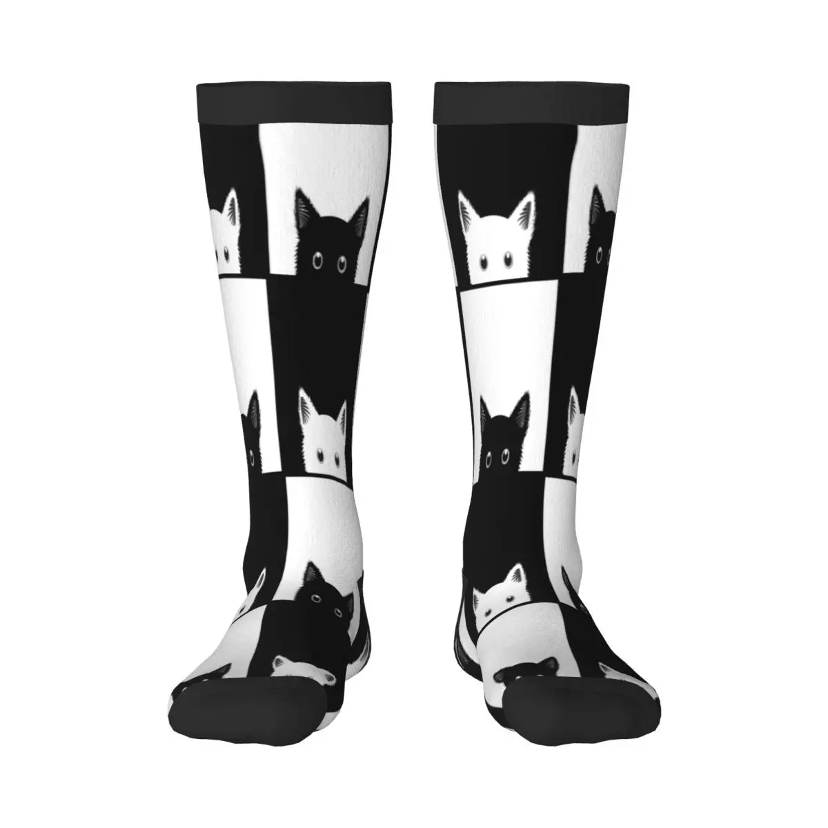 Casual Stockings Black White Cat Chess Board Knee Thigh High Long Socks