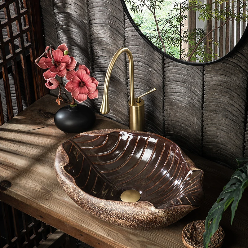 

Ceramic table outdoor special-shaped leaves hand washing creative old-fashioned yard face washing art basin