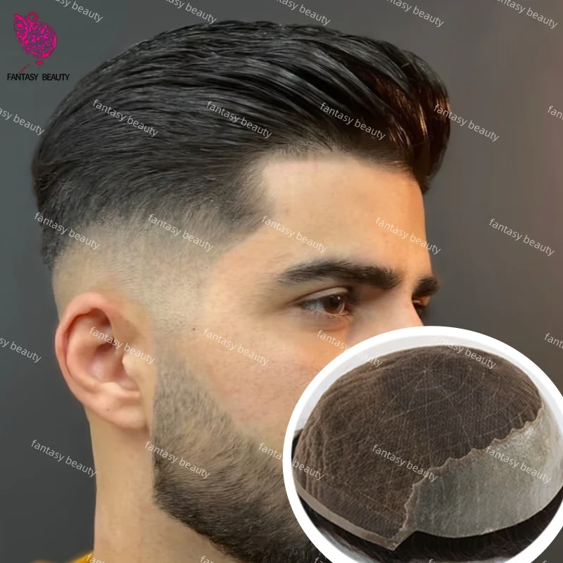 أسود رمادي 1b20 1b30 1b65 خط شعر طبيعي غير مرئي دانتيل سويسري أمامي ورقيق جلد PU قديم Q6 شعر مستعار للرجال 100% شعر بشري أوروبي