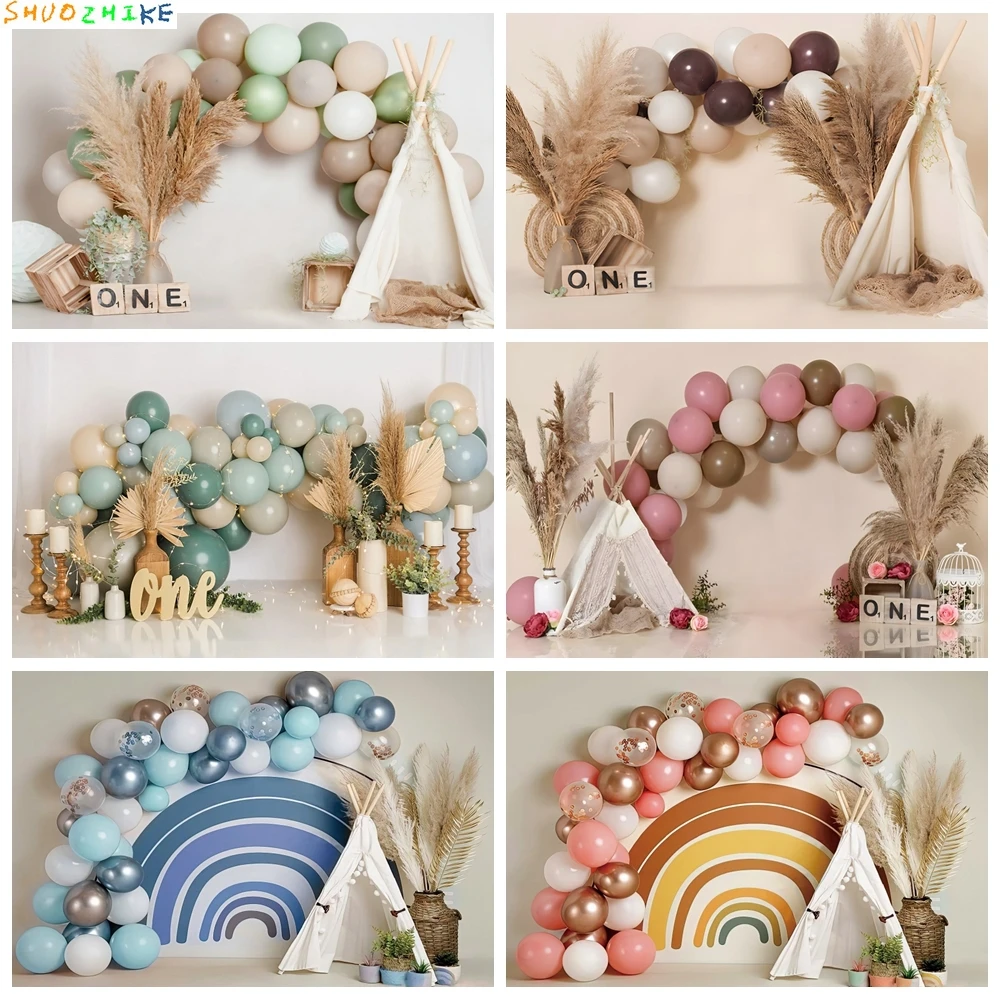 

Newborn Baby 1st Birthday Background Bohemian Boho Balloon Tent Cake Table Decor Baby Portrait Photography Backdrop Photo Studio
