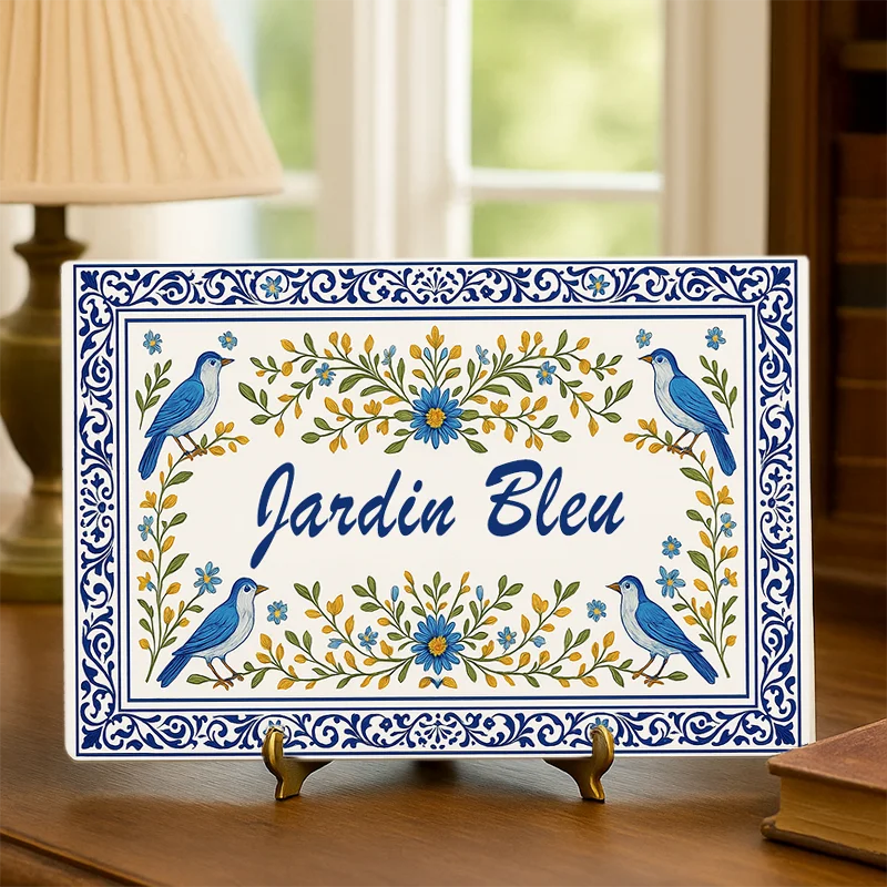 علامة رقم المنزل من الأكريليك مع تصميم الأزهار والطيور، مطبوعة بالأشعة فوق البنفسجية، لوحة عنوان اسم العائلة المخصصة، ديكور المدخل الخارجي