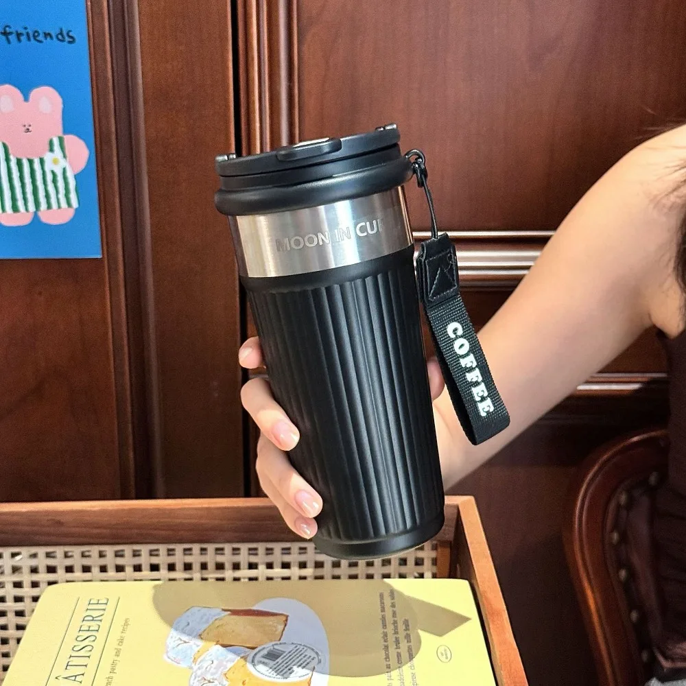 

Portable 600ml Insulated Coffee Cup Hot and Cold Stainless Steel Thermal Car Cup with Lanyard Solid Color Vacuum Mug Travel