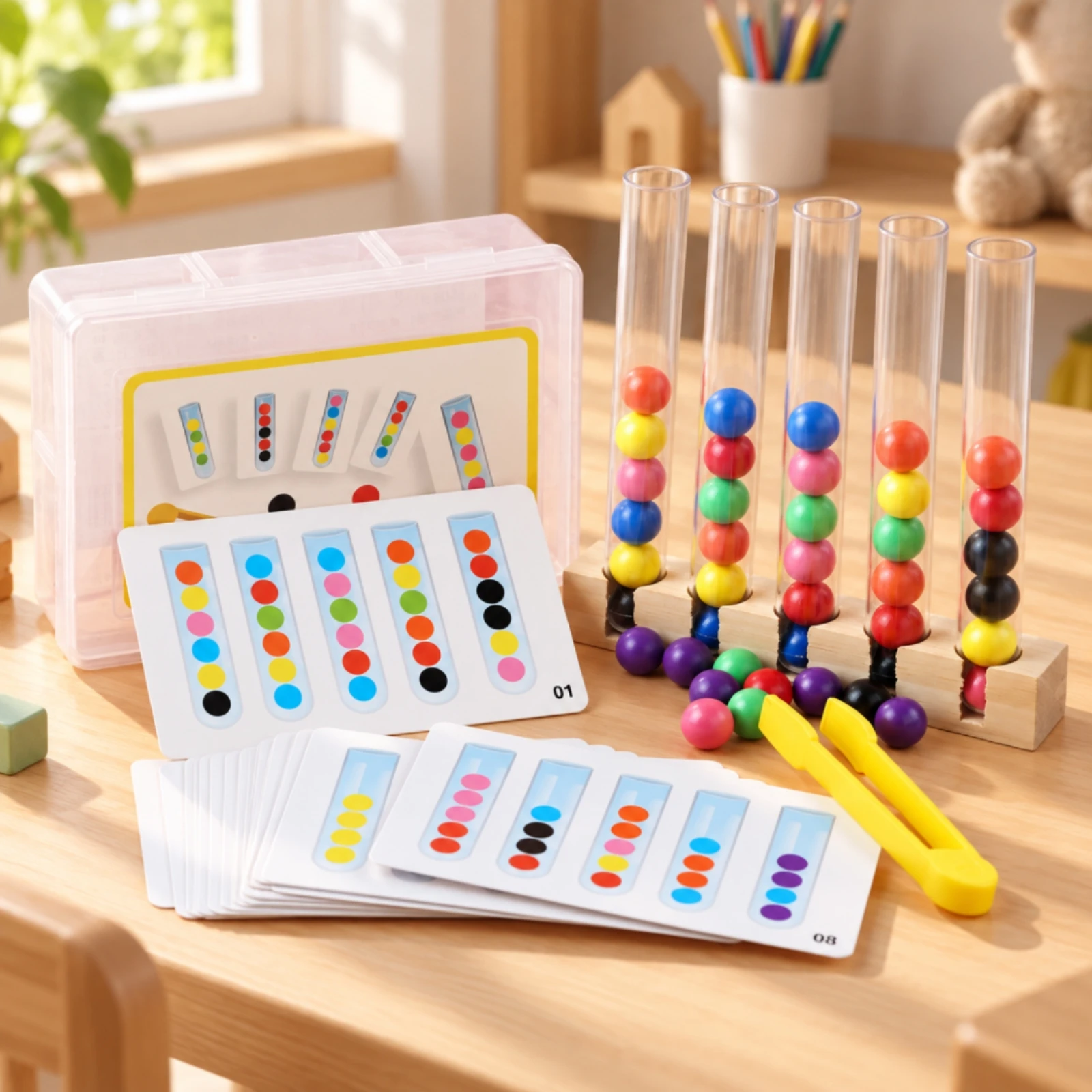 Bead Matching Game Colorful Wooden Bead Game with Tweezers Fine Motor Skills Toy Hands-on for Preschoolers, Quiet Play