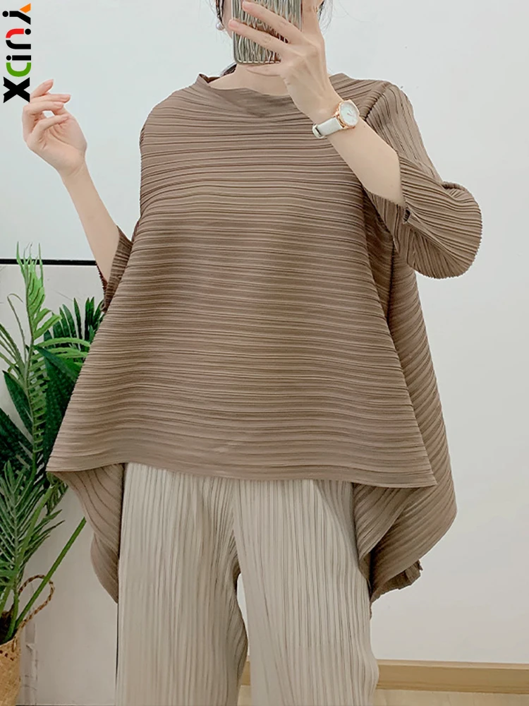 YUDX Pleated Blouse For Women 2024 New Spring O-neck Three Quarter Sleeve Solid Color Loose Casual Shirt Female Elegant