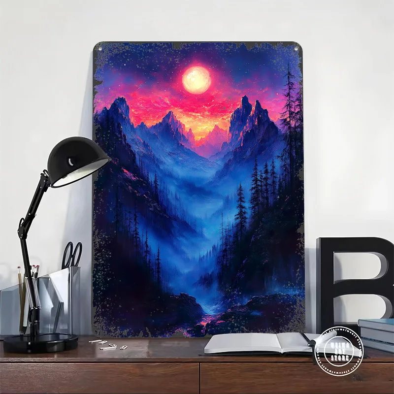 Misty Forest Sunset Metal Poster Customized Wall Art Retro Vintage Tinplate Signs for Desk Decor Decoration Bedroom Decorations