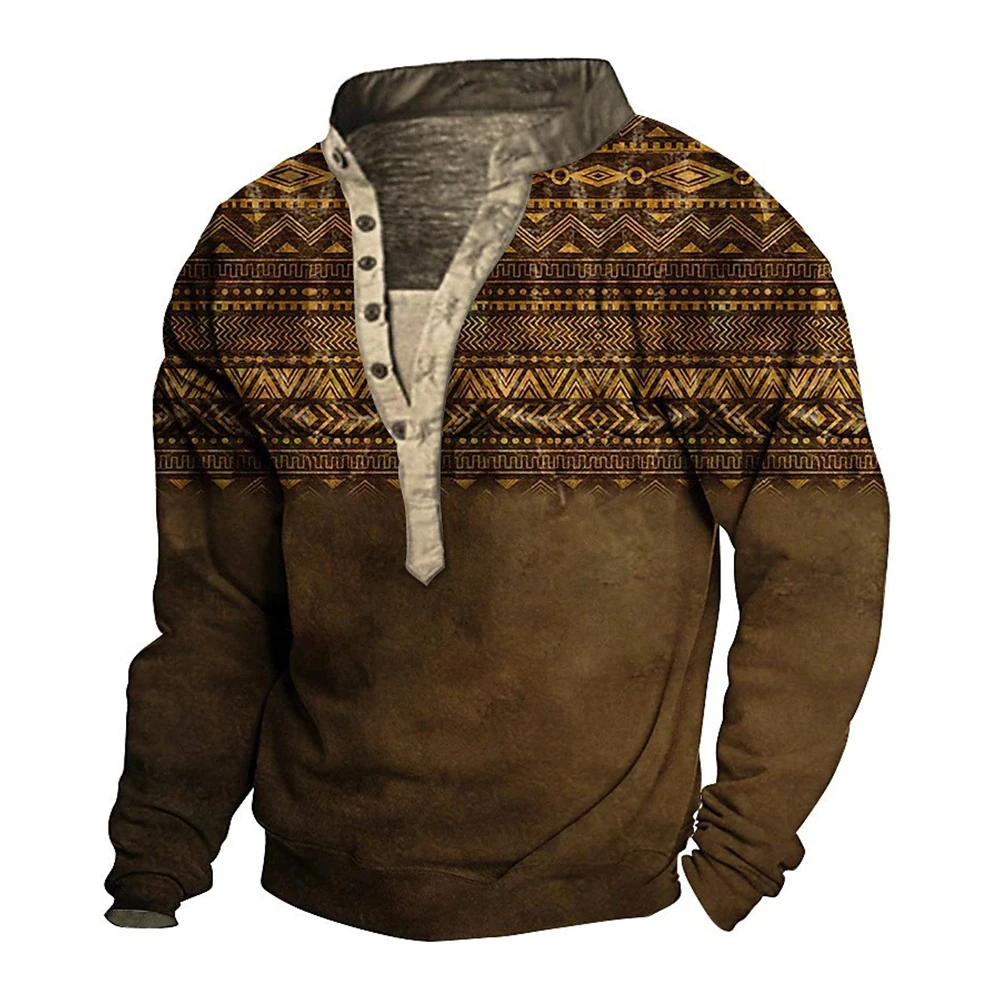 Men Tribal Totem  Ethnic Henley Collar Sweatshirt Graphic Pullover T Shirt Tops