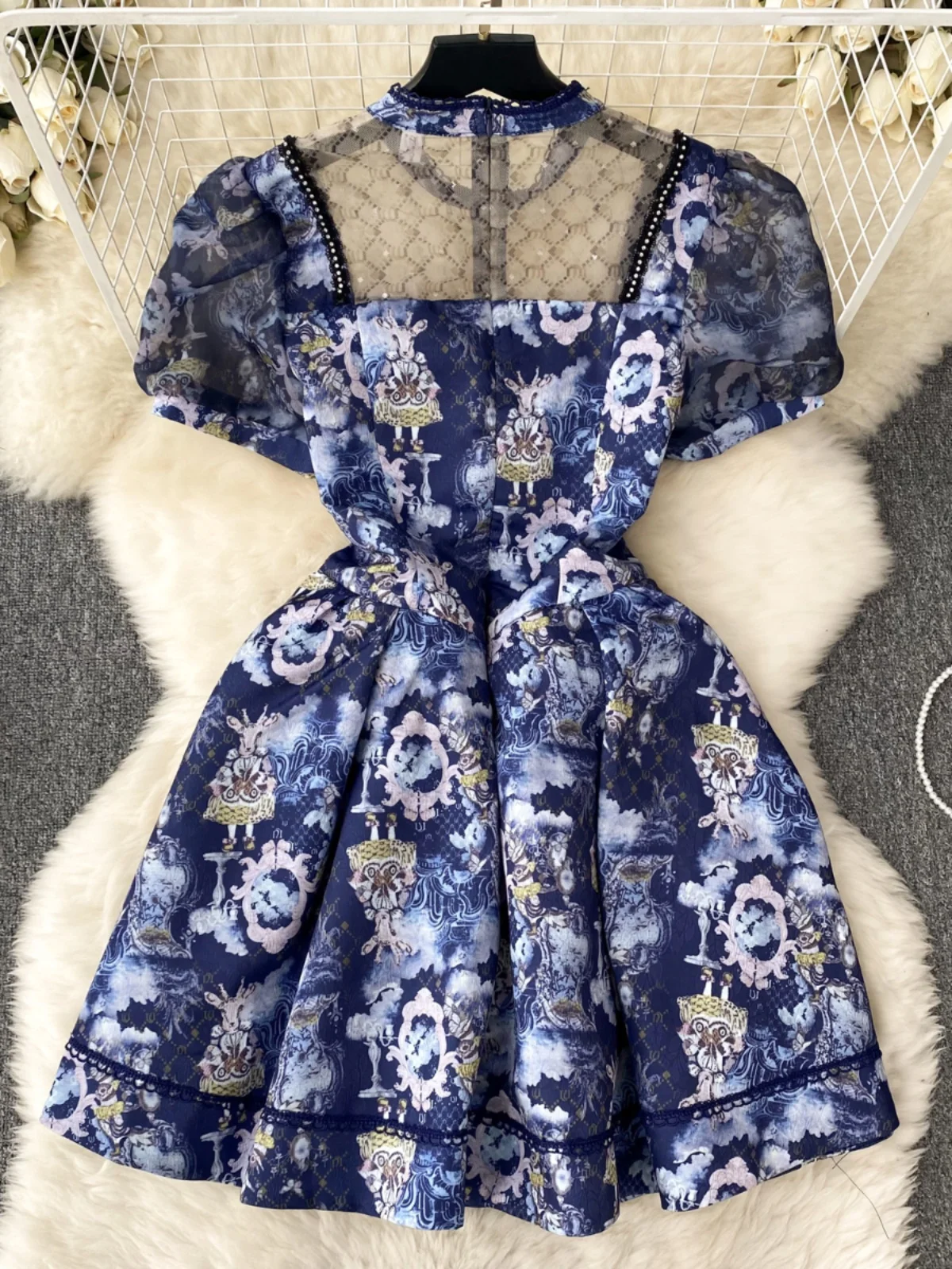 Floral Print Me Splice Bubble Sve Stand Collar ort Dr Women's Waist Cinching Slimming A-Line Princ Skirt Dr