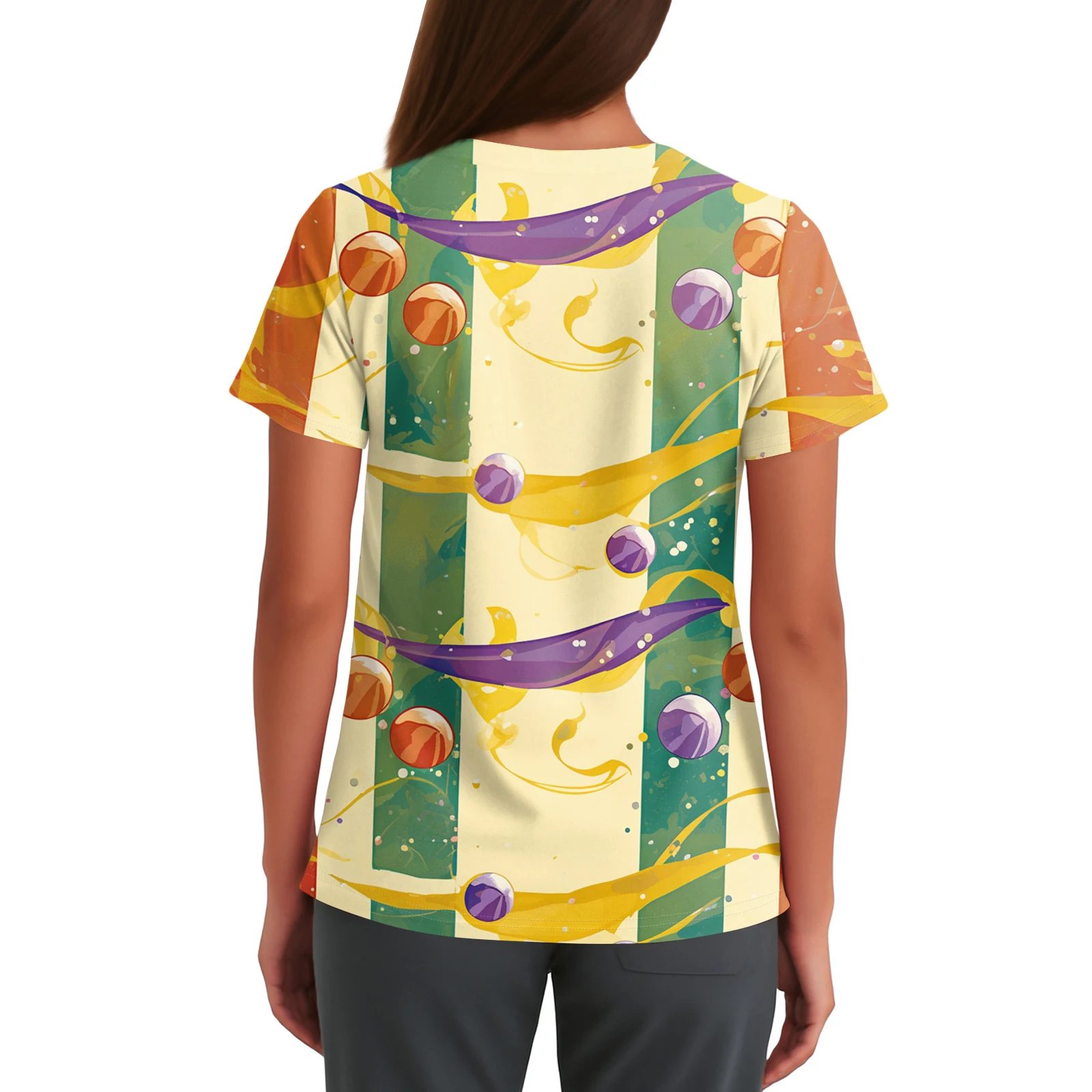 เสื้อพยาบาลสำหรับงานคาร์นิวัล เสื้อผู้หญิง คอวีทันสมัย พิมพ์ลาย แขนสั้น ทรงพื้นฐาน มีช่องระบายอากาศด้านข้างและกระเป๋าเสื้อยืด