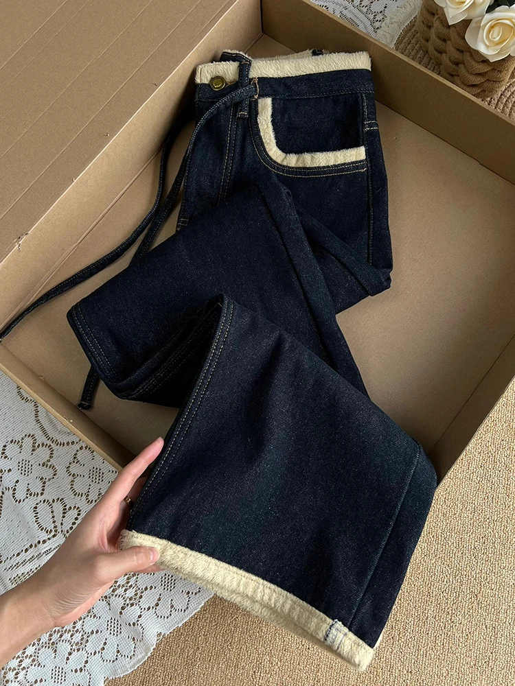 

Женские джинсы Thiened Fce в стиле ретро с высокой талией и широкими штанинами, свободный крой, удобные осенне-зимние новые джинсовые брюки глубокого синего цвета