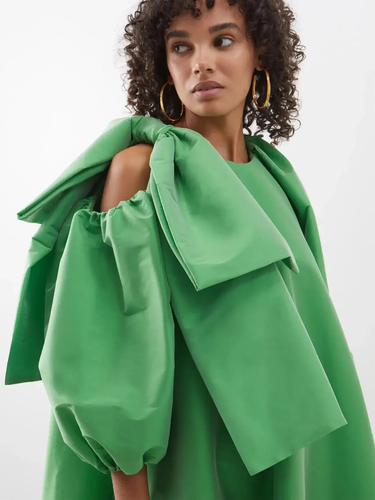 Gorgeous Silk Taffeta Caftan Maxi Dress Puff Sleeves Big Bow Green Evening Dresses Oversize فساتين للحفلات الراقصة Formal Gowns