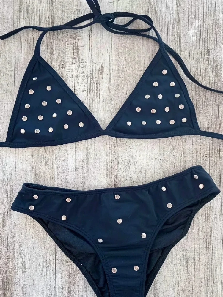 

Женский комплект бикини-треугольников с полной отделкой стразами, сексуальный мини-купальник в стиле Y2K для летнего пляжного отдыха и вечеринок