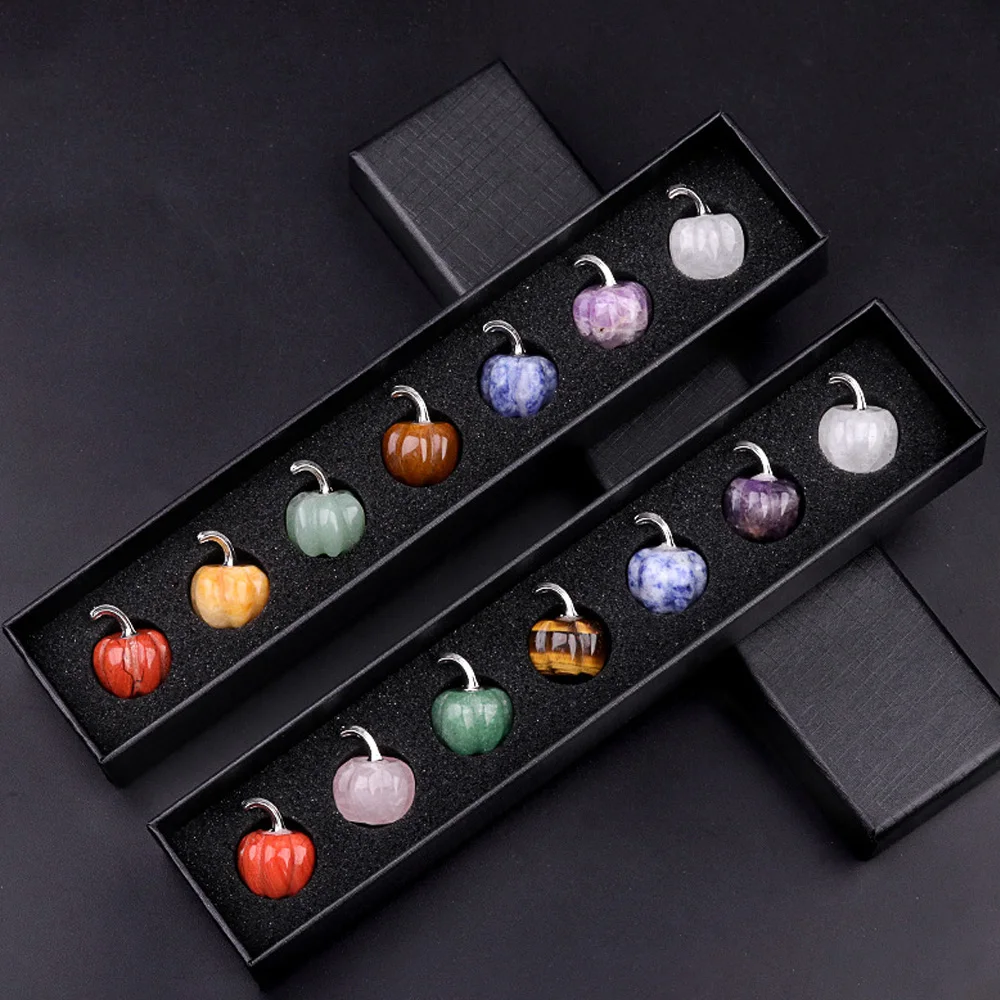 

7 Chakra Natural Stone Pumpkins Kit Reiki Healing Crystal Hand Carved Gemstone Crafts Halloween Thanksgiving Home Decor Gift