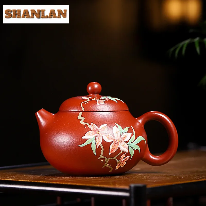 

130ml Yixing Purple Clay Teapots Handmade Colored Drawing Wendan Pot Raw Ore Dahongpao Mud Kettle With Strainer Zisha Tea Set