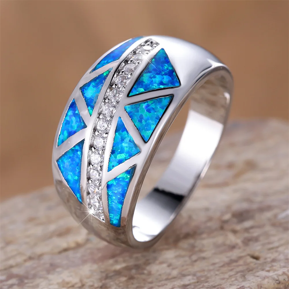 Geometric Stone Blue Opal White Small Zircon Rings For Women Vintage Silver Color Wedding Band Engagement Jewelry Couples Gifts