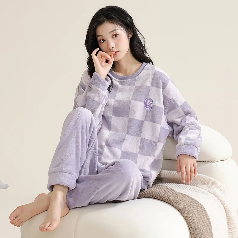 Autumn and Winter Sleepwear New Thick Coral Velvet Pajamas Pants Two-piece Set Cartoon Animal Long-sleeved Pullover Loungewear