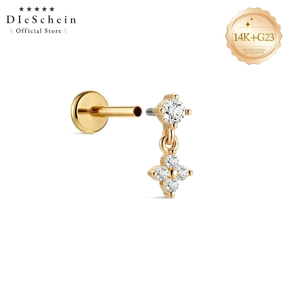 DIeSchein 14K Solid Gold Piercing Stud Earring CZ Internal Thread Flat Back Stud Earrings for Helix Tragus Daith Piercings Gifts