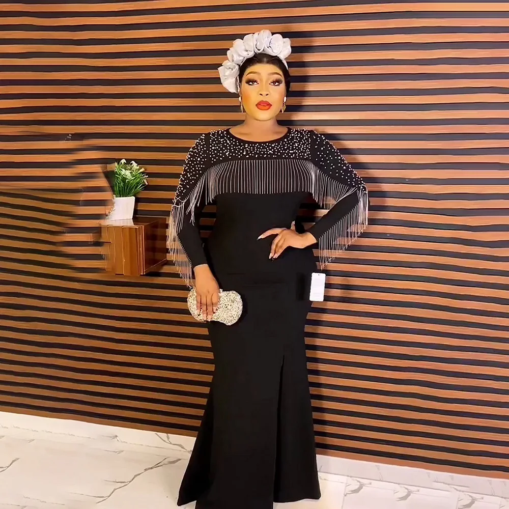 2023 مخصص ذيل السمكة تنورة مطاطا مساء فستان حجر الراين شرابة زائد الخرز