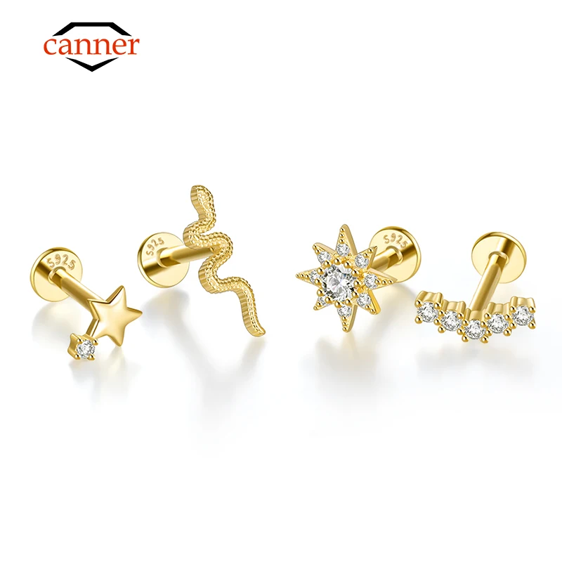CANNER 925 Sterling Silver Tragus Piercing Stud Earrings for Women Cubic Zirconia Labret Lip Ring Cartilage Earring Jewelry 1pc