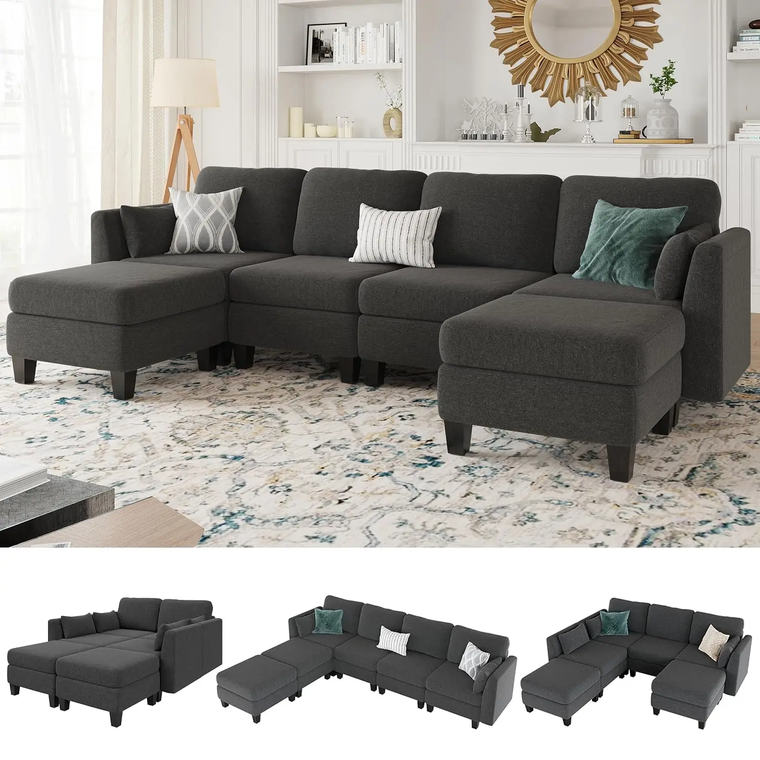 Comfy Sectionals Couches Bed, Convertible Sofas with Ottomans, Sectional Couches for Living Room, Dark Gray, Customized