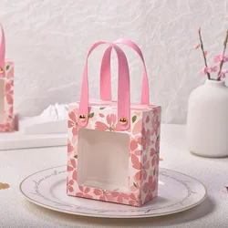 10Pcs Wedding Candy Gift Bags Transparent Window Packaging Boxes Pink Romantic Flower  Portable Birthday Party Supplies