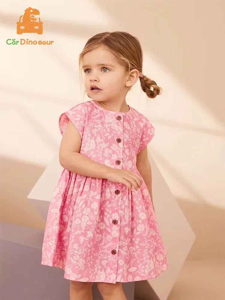2025 Summer 2 3 4 5 6 8 10 Years Children's Clothing Cotton Tankdress Sleeveless Full Flower Print Button Baby Kids Girls Dress