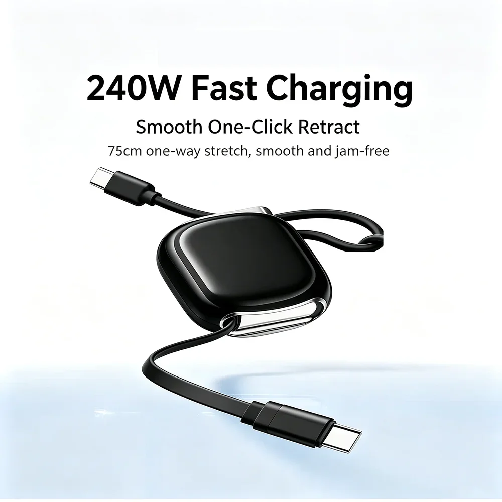HANNUO 240W Super Fast Charge Type-C Retractable Cable 1M USB Charger Cable Travel Quick Charge Compatible with USB-C Devices