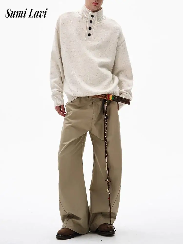 

Daily Casual Mens Stand Collar Pullover Tops Knitting Solid Color Long Sleeve Sweater Men Fall Winter Vintage Knitted Jumpers