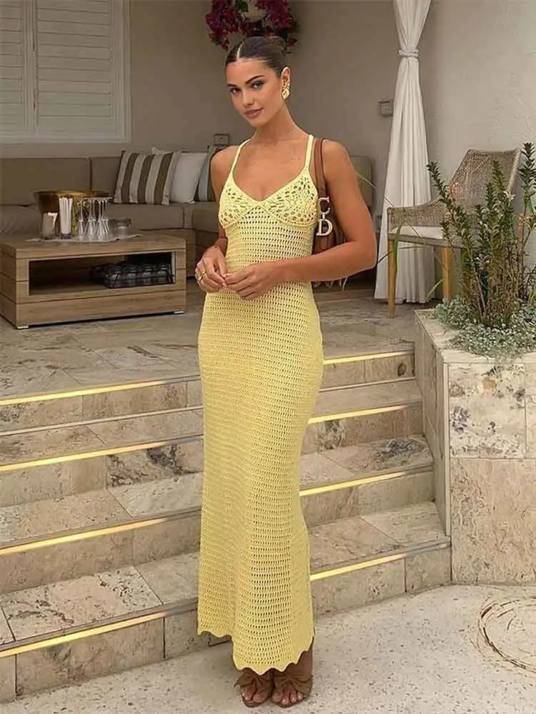 2024 Solid Colour Sexy Knit Cut Out Holiday Swimsuit Cover Up Women\'s Summer V-Neck Spaghetti Strap Bodycon Beach Maxi Dress K32