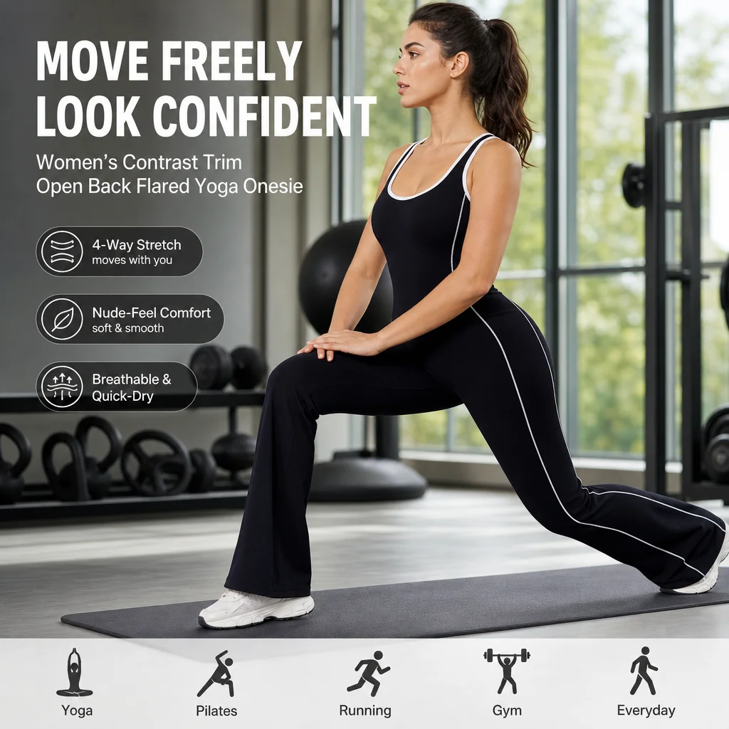 Women's Contrast Trim Open Back Flared Yoga Onesie - Removable Padded Yoga Bodysuit, Multiple Colors, S-XL